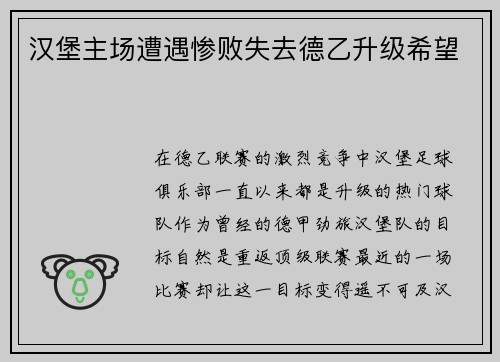 汉堡主场遭遇惨败失去德乙升级希望