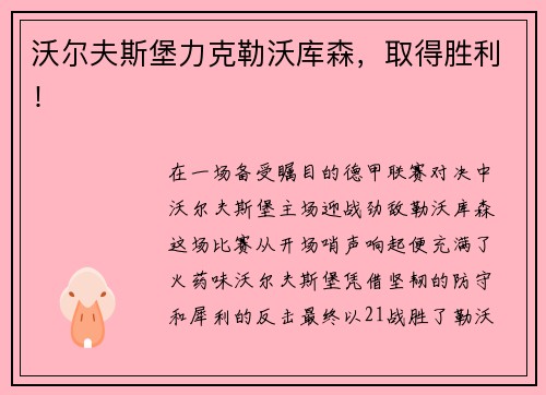 沃尔夫斯堡力克勒沃库森，取得胜利！