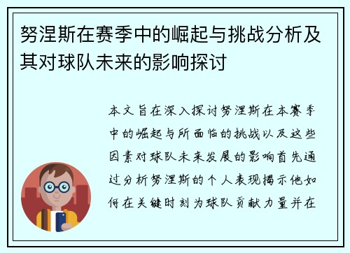 努涅斯在赛季中的崛起与挑战分析及其对球队未来的影响探讨