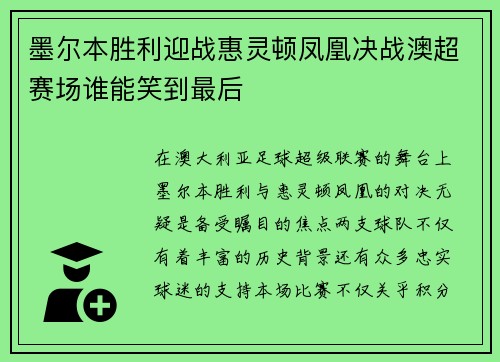 墨尔本胜利迎战惠灵顿凤凰决战澳超赛场谁能笑到最后