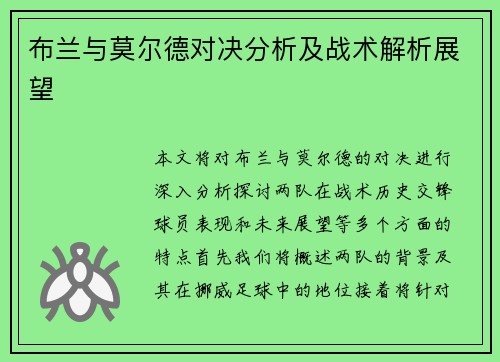 布兰与莫尔德对决分析及战术解析展望