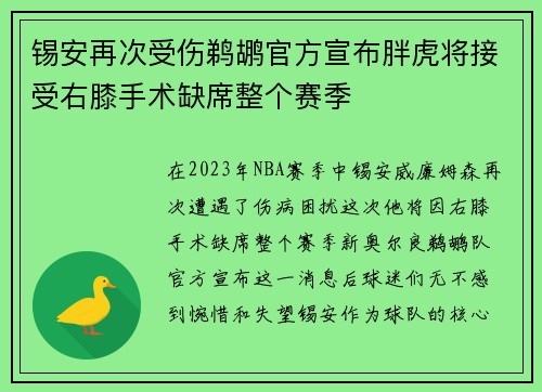 锡安再次受伤鹈鹕官方宣布胖虎将接受右膝手术缺席整个赛季
