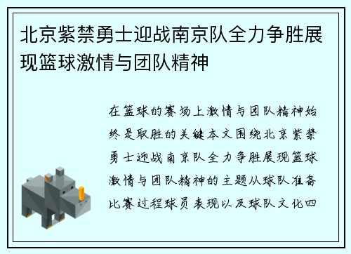 北京紫禁勇士迎战南京队全力争胜展现篮球激情与团队精神