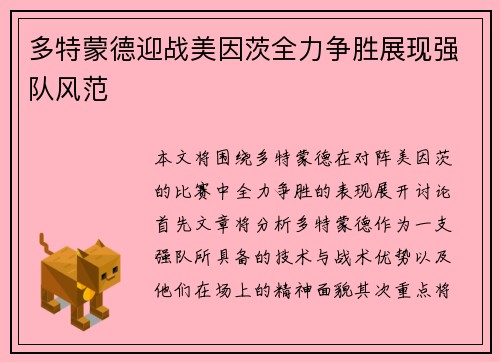 多特蒙德迎战美因茨全力争胜展现强队风范
