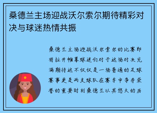 桑德兰主场迎战沃尔索尔期待精彩对决与球迷热情共振