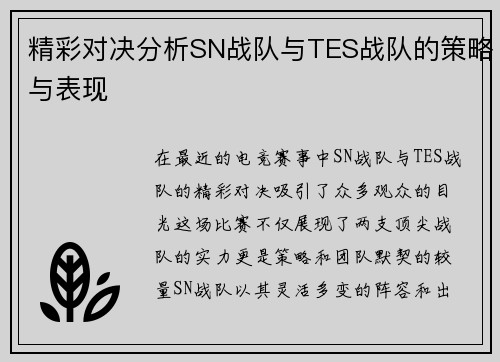 精彩对决分析SN战队与TES战队的策略与表现