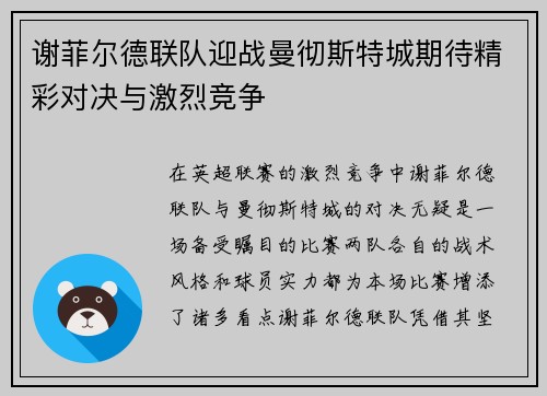 谢菲尔德联队迎战曼彻斯特城期待精彩对决与激烈竞争