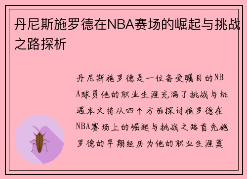 丹尼斯施罗德在NBA赛场的崛起与挑战之路探析