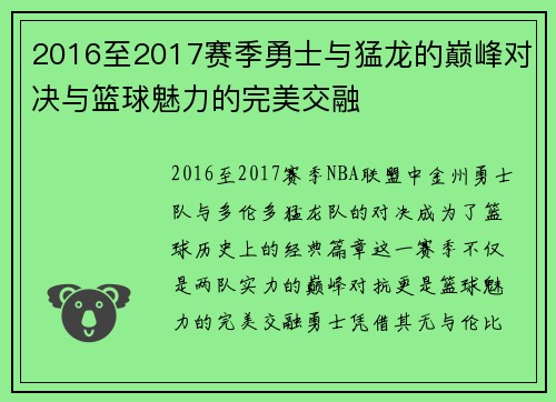 2016至2017赛季勇士与猛龙的巅峰对决与篮球魅力的完美交融