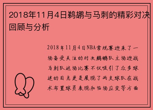 2018年11月4日鹈鹕与马刺的精彩对决回顾与分析