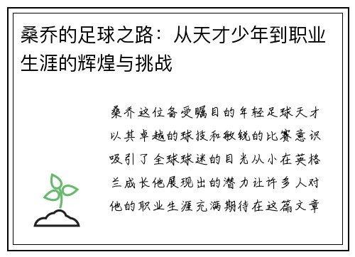 桑乔的足球之路：从天才少年到职业生涯的辉煌与挑战