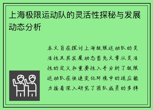 上海极限运动队的灵活性探秘与发展动态分析