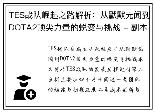TES战队崛起之路解析：从默默无闻到DOTA2顶尖力量的蜕变与挑战 - 副本