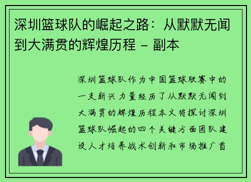 深圳篮球队的崛起之路：从默默无闻到大满贯的辉煌历程 - 副本
